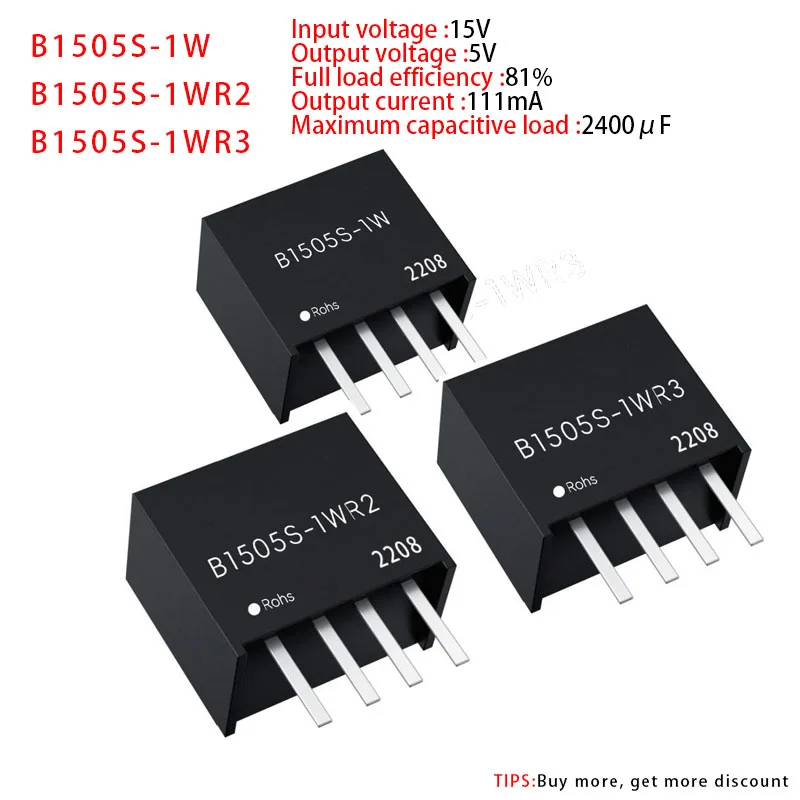 

1PCS 5PCS B1505S-1W B1505S-1WR2 B1505S-1WR3 15V to 5V DC-DC Power Module with Short Circuit Protection