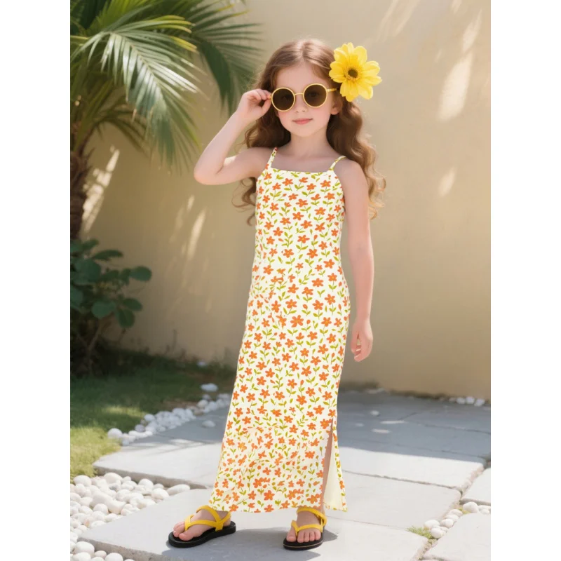 

2026 Girls' Floral Strap Split Long Dress Fresh and Lively Suitable for Summer Outfits