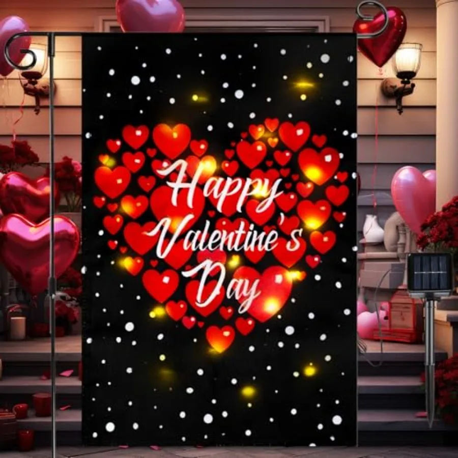 Valentine Garden Flag, 12 x 18 Inch Double Sided Solar Powered LED Flag with Lighting 8 Modes Happy Valentine Red Love Yard Fla