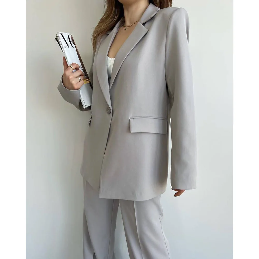 

Casual Solid Color One Button Slim Fit 2 Piece Women's Suits Sets Jacket Pants Daily Elegant Office Lady Outfits Blazer Terno