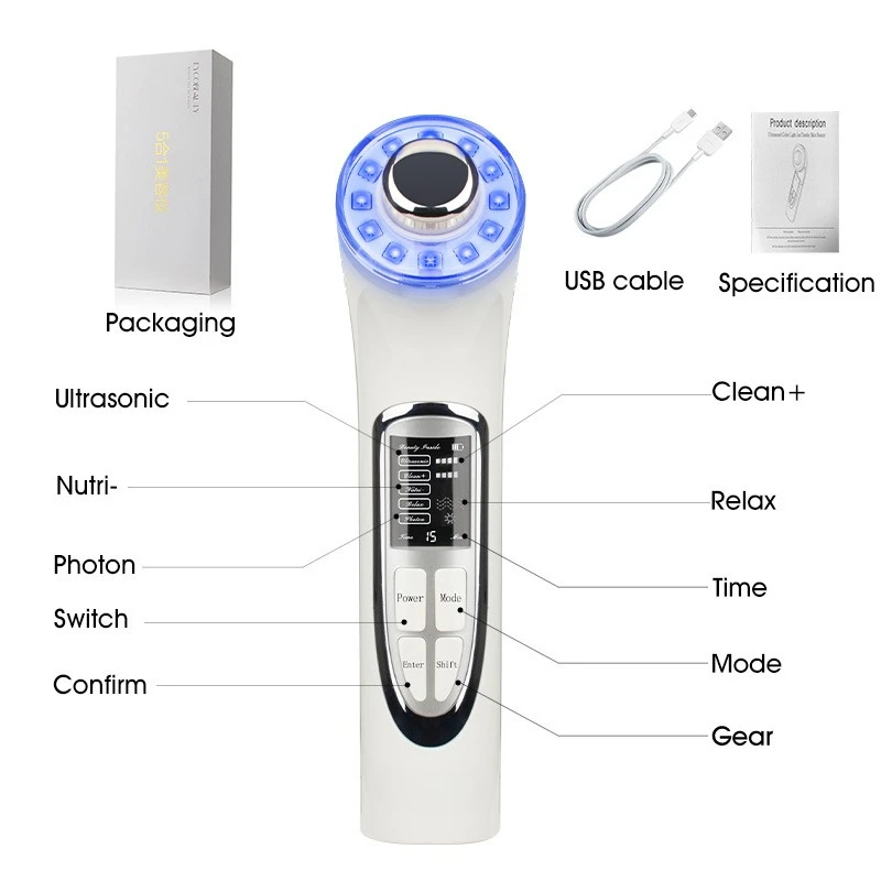 5-In-1 Beauty Instrument Facial Household Whitening EMS Skin Rejuvenation Introducer Anti-aging Portable Anti-wrinkle
