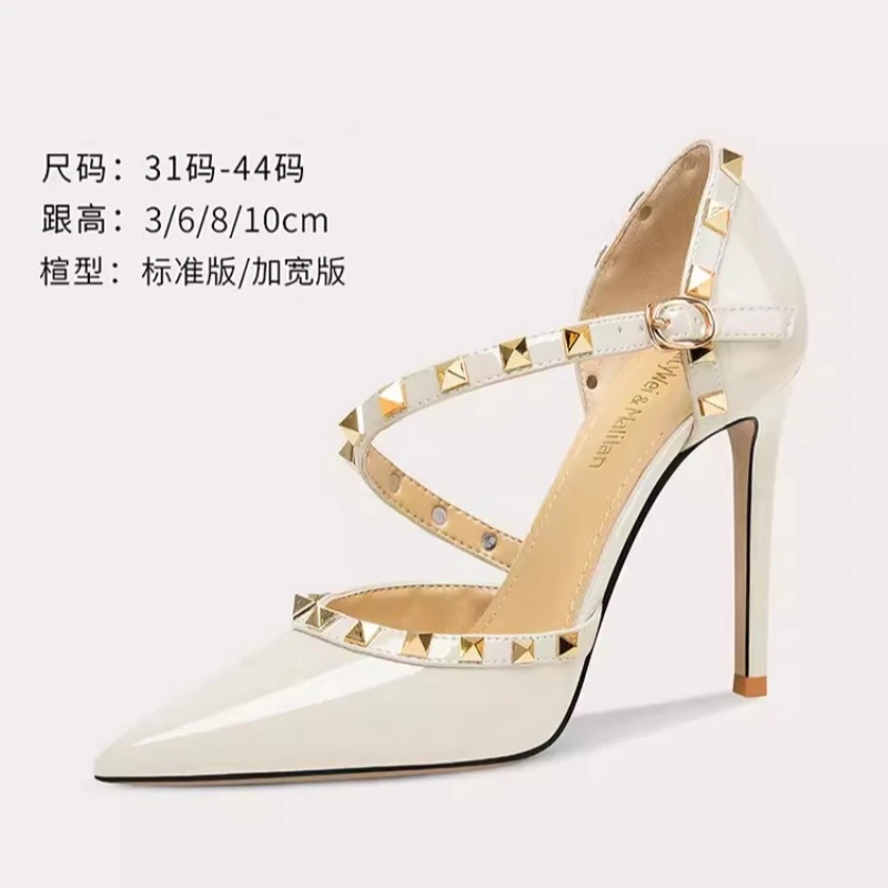 

Spring/Summer New Pointed Hollow Lacquer Leather Rivet Single Shoes Thin High Heels Banquet Dress Large and Small Women's Sandal