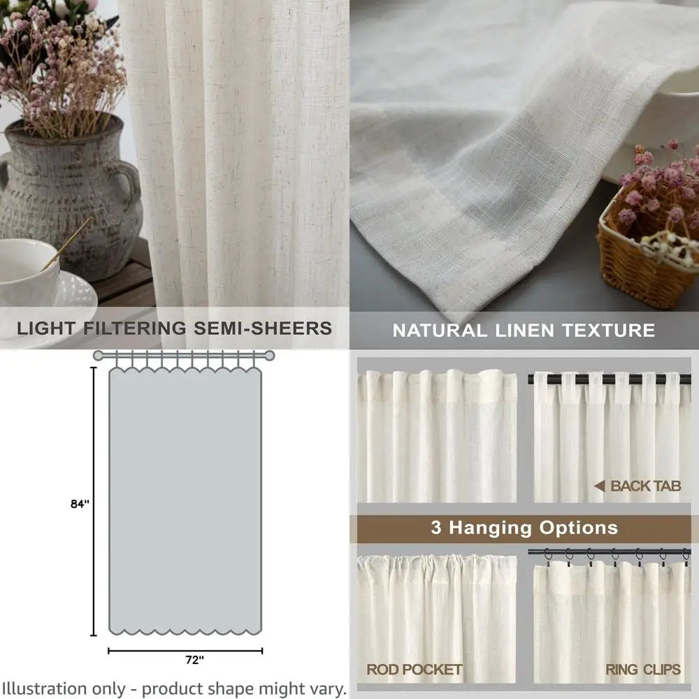 

Натуральные льняные полупрозрачные шторы шириной 72 дюйма и длиной 84 дюйма с карманами для карниза для гостиной и спальни