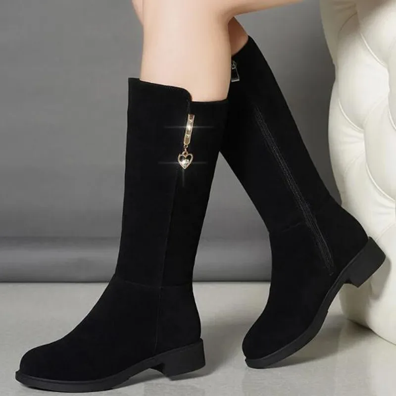 2024 New Women Warm Plush Snow Boots Snow Casual Flat All-match Cotton Fashion Side Zipper Winter Shoes Thigh High Boot Black