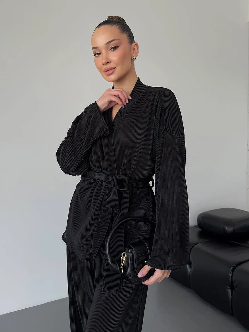 Marthaqiqi Loose Women'S Sleepwear Set V-Neck Pajamas Long Sleeve Nightie Lace Up Nightgowns Pants Casual Ladies Nightwear Suit