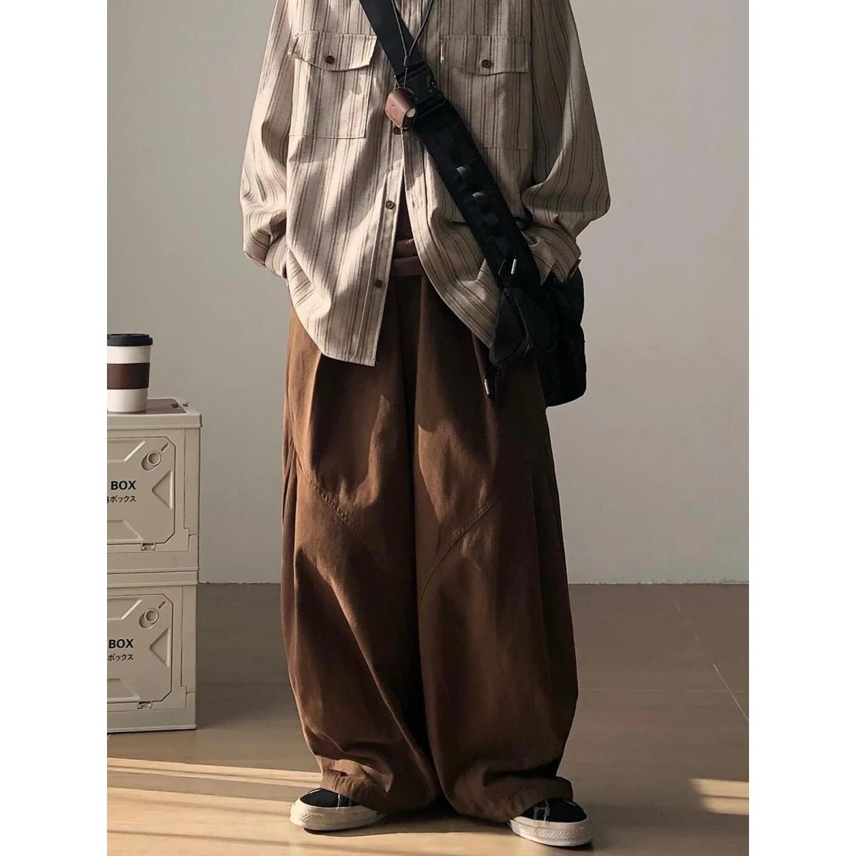 

Ce Brown Loose Wide Leg Workwear Pants Men's Spring Autumn Sle American Retro Casual Trousers Loose Fit Polyester Fiber