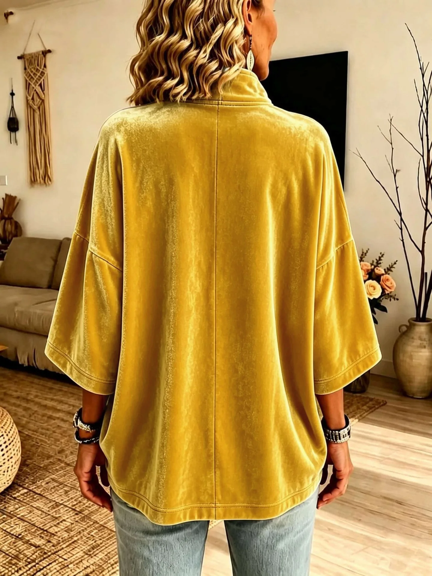 Autumn Winter Velvet Solid Half Zip Sweatshirts Stand Collar 3/4 Sleeve Loose Casual Pullover Tops Women Vacation Daily Hoodie
