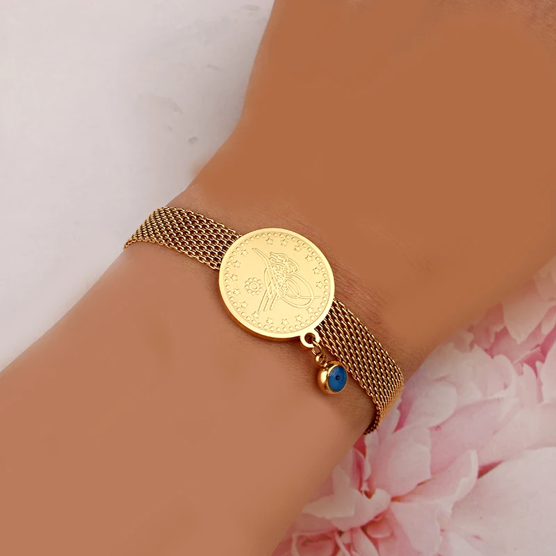 Stainless Steel Women Chain Bracelets Plated Gold Turkish Coin Jewelry Bangle with Evil Eye Ethnic Wedding Bridal Accessory