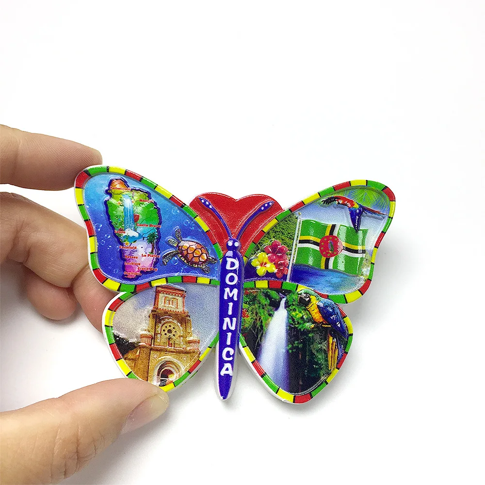 

Dominica 3D Resin Butterfly Fridge Magnet: Tropical Scenery, Waterfall, Parrot, Flag, Castle - Home Decor, Kitchen Decorative