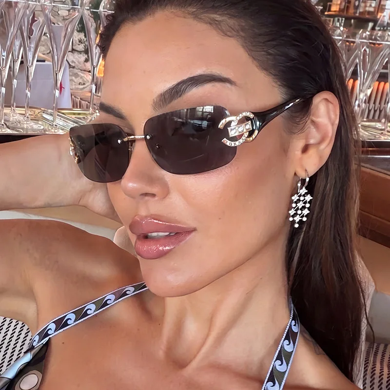 Stylish Trendy Y2K Rimless Square Rhinestone Accent Sunglasses Womens UV400 Protection Sunnies Metal Hinge Party Shades Eyewear