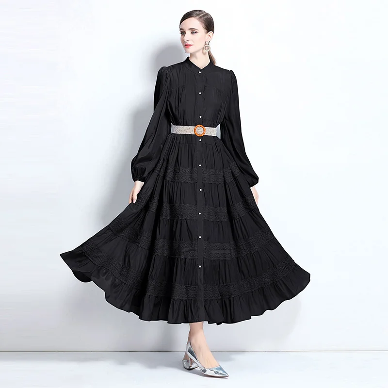 Elegant Women Dress Shirt Summer Autumn Belt Long Sleeve Pleated Embroidery Lace Striped Maxi Dress Evening Party Vestidos