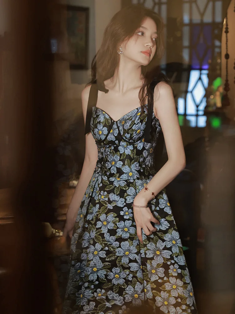 

Light Luxury Blue Floral Evening Dress For Women A-line Backless Formal Banquet Gown Bow Lace Up Strap Prom Dresses