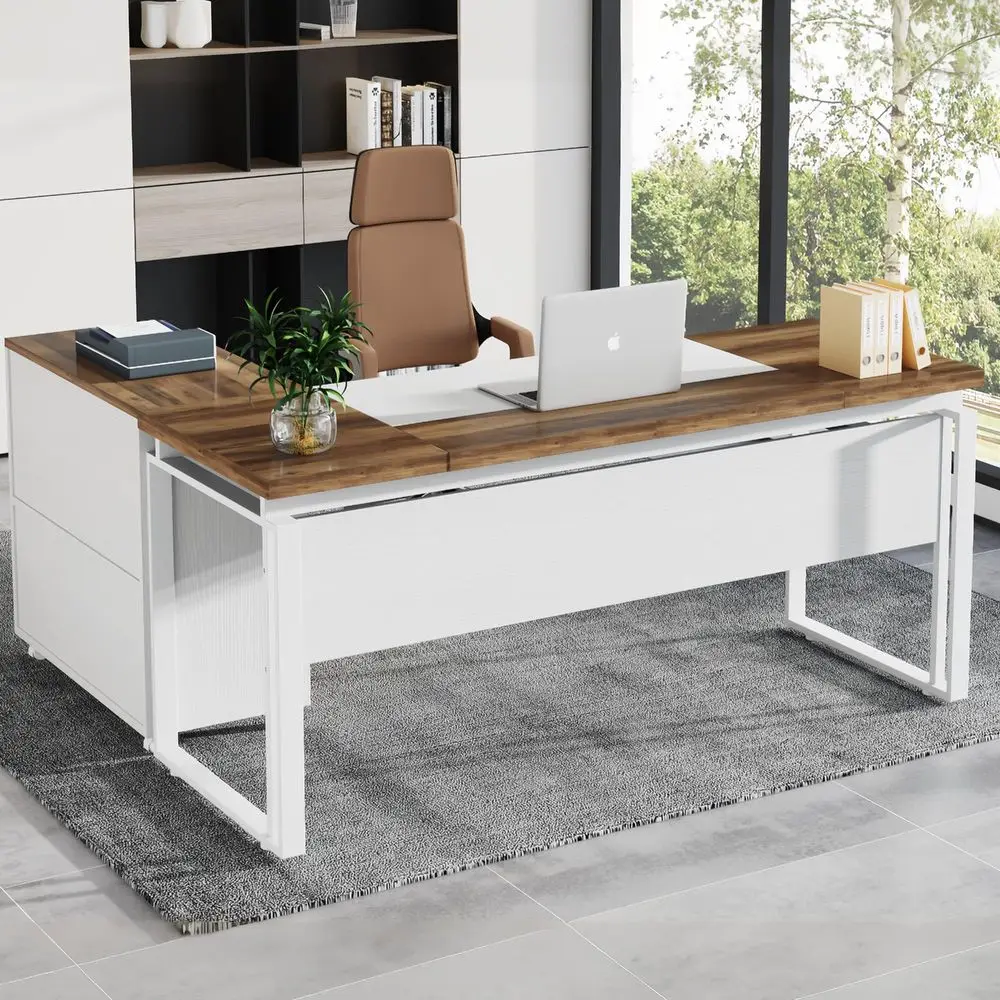 

LShaped Desk with Drawers, 63 Office Desk with File Cabinet, Computer Executive Desk with Drawer Cabinet Set Oak amp White