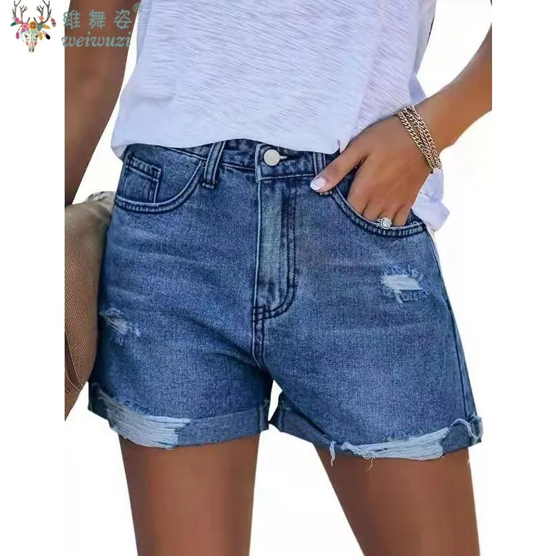 

Y2k Denim Shorts Women Distressed Hole Jeans Washed Pockets Vintage High Waist Pants Office Lady Casual Loose Summer Streetwear
