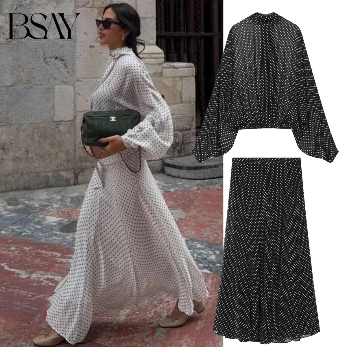 

BSAY New Vintage Polka Dot Print 2 Piece Outfit Women Loose Batwing Sleeve Stand Collar Cropped Top High Waist Flowy Midi Skirt