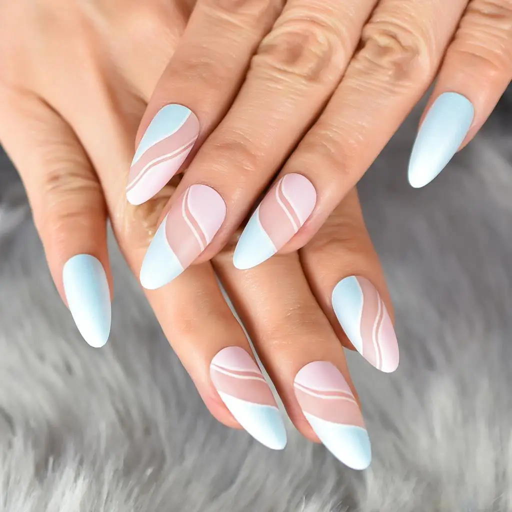 Almond Muleti Color Blue Top Fake Nails Press On Nail Tips Salons At Home Manicure Full Cover Wielokrotnego użytku Fałszywe paznokcie Classy