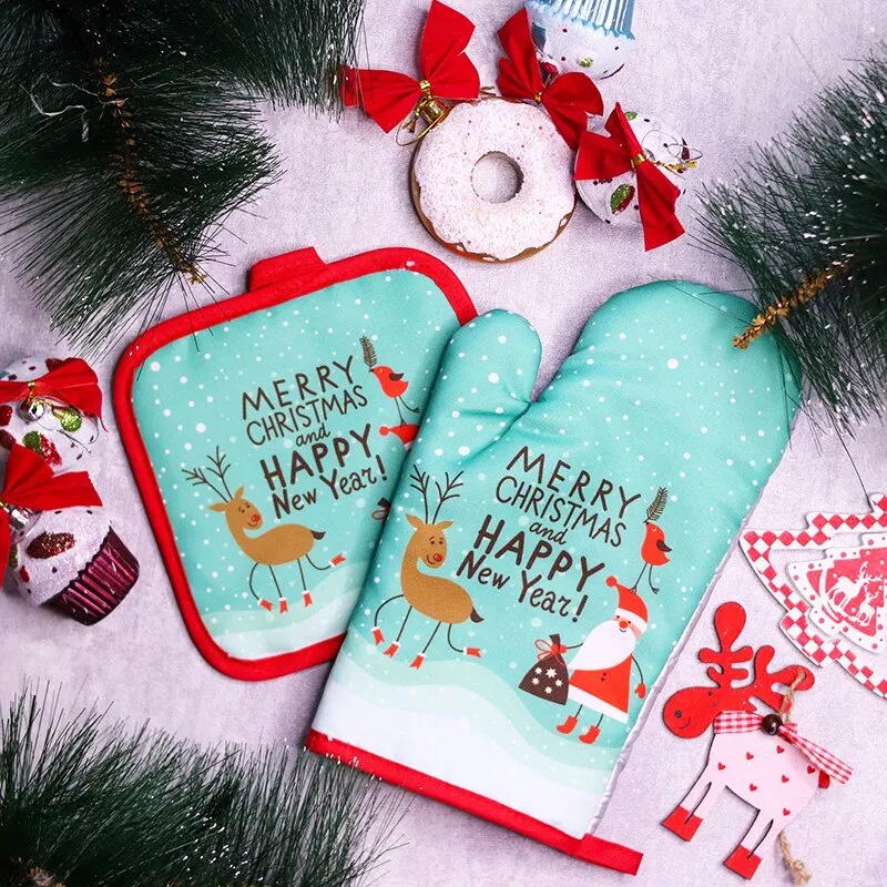 Guantes de Navidad para horno, manoplas anticalientes para decoración del hogar, comedor, cocina, Navidad, Noel, regalo de Año Nuevo, 2 piezas, 2025