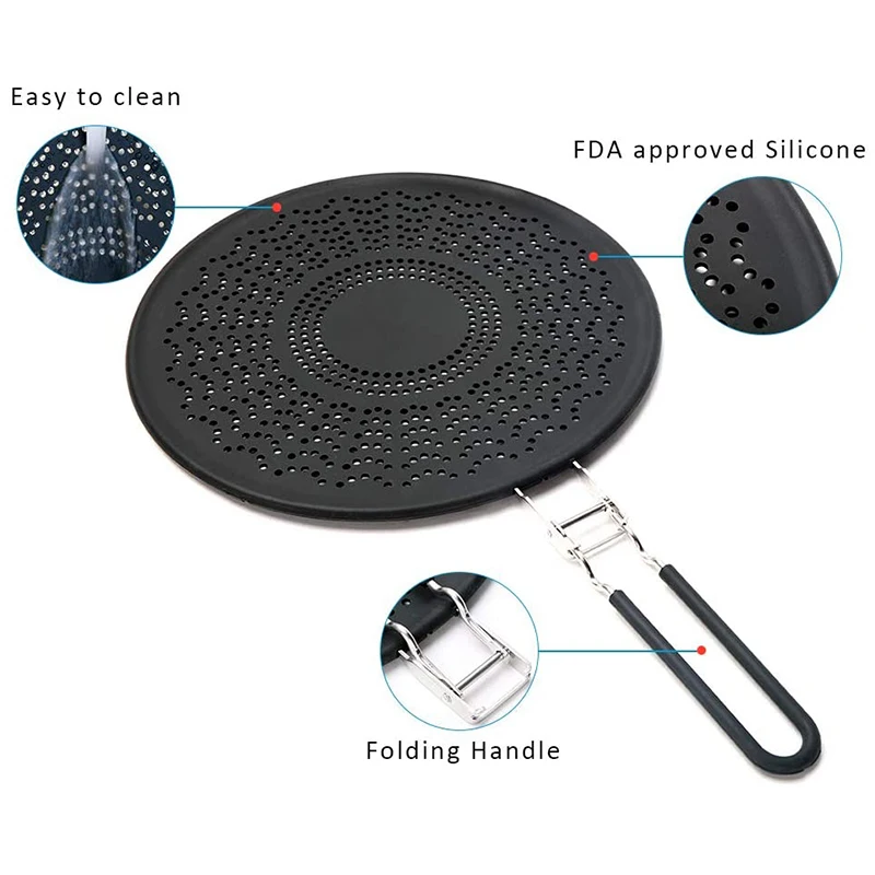 13 Inch Silicone Splatter Screen - Pan Cover with Folding Handle Heat Resistant Oil Splash Guard Heat Insulation Black