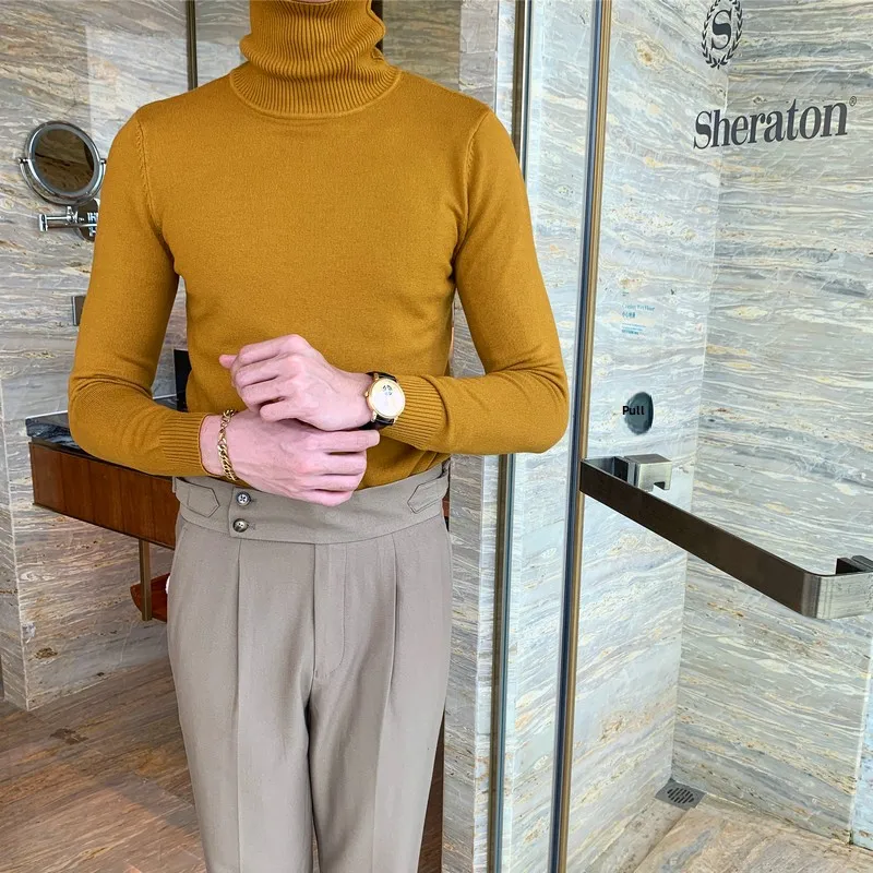 

Зимний утепленный вязаный свитер с высоким воротником для мужчин, модный однотонный молодежный приталенный свитер в гонконгском стиле