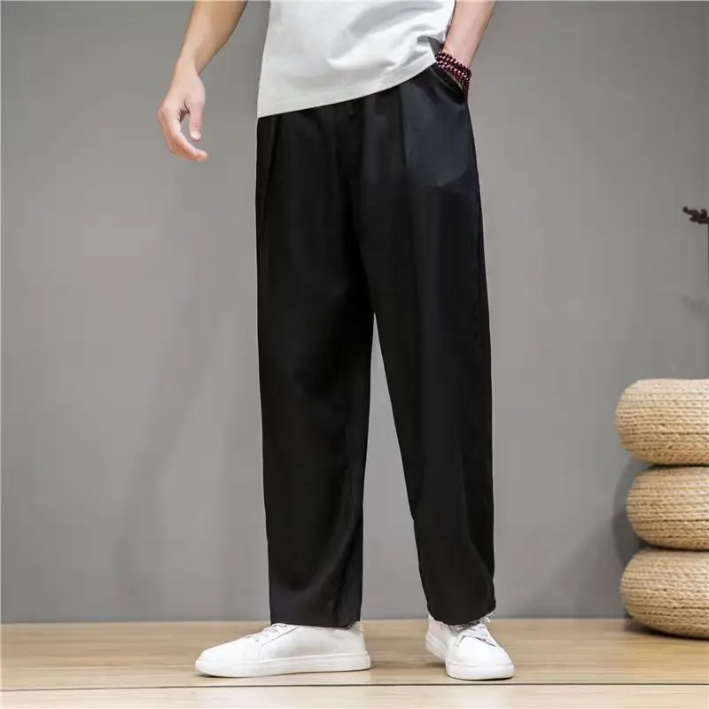 Running Men's Cotton Linen Pants Summer Solid Color Breathable Linen Trousers Male Casual Elastic Waist Fitness Pants Hip-Hop