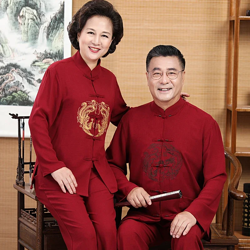 Spring Couples Tang Suit Mens Kungfu Clothing Sets Middle-aged Long Sleeved Cotton Linen Women Morning Exercise Tai Chi Uniform