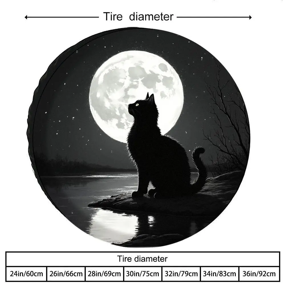 Moonlit Phantom: Black Cat Gazing At The Crescent Moon And Starry River Pattern Tire Cover - Premium Polyester, Durable & Wear-,