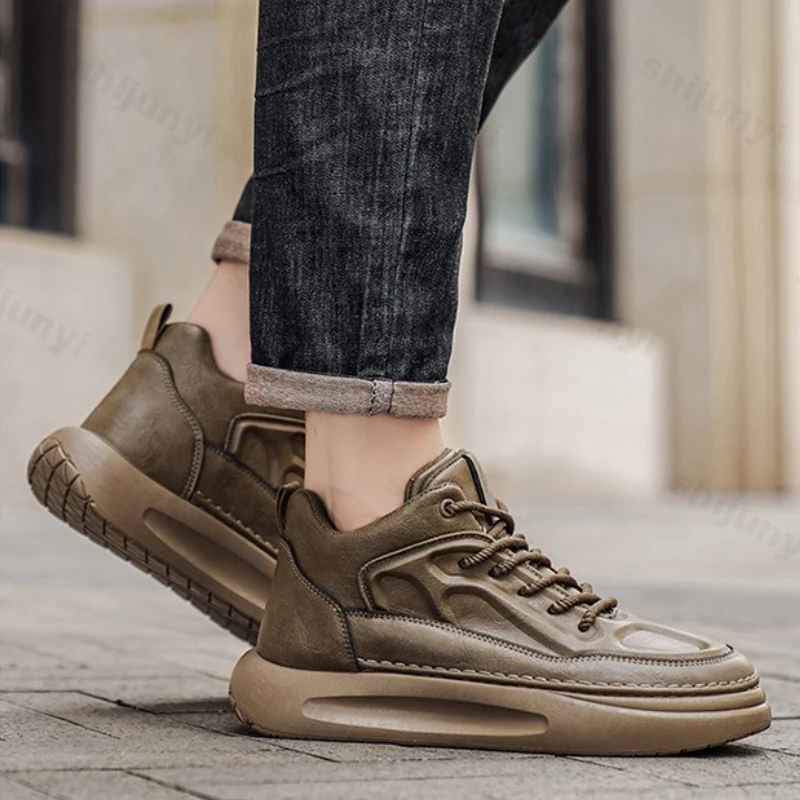 

Men High Top Shoes Autumn Trendy Comfort Non Slip Platform Sneakers Vintage Lace Up Height Increase Wear-resistant Casual Shoes