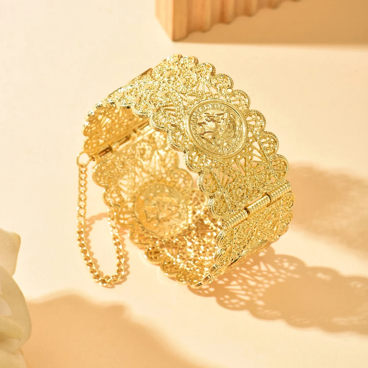 

An Algerian Bride's Bracelet Jewelry With Napoleon Graphic Coin Design Finely Carved, A Wrist Accessory For Wedding