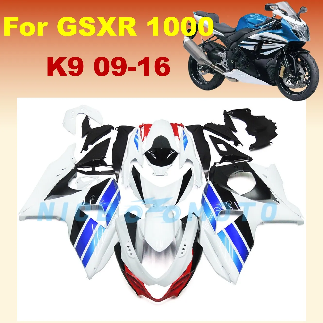 100% Injection Body set for Suzuki GSXR1000 2009 2010 2012 2015 2016 K9 11 13 14 GSXR 1000  white/blue Fairings kit