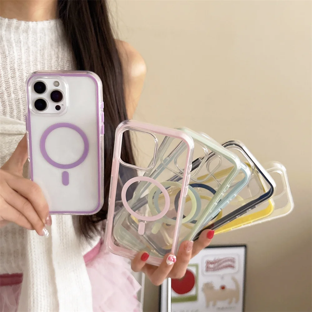 マグセーフ対応 キャンディーカラーフレーム 光沢クリアスマホケース iPhone 14 13 15 16 17 Pro Max 12 11 ワイヤレス充電対応カバー
