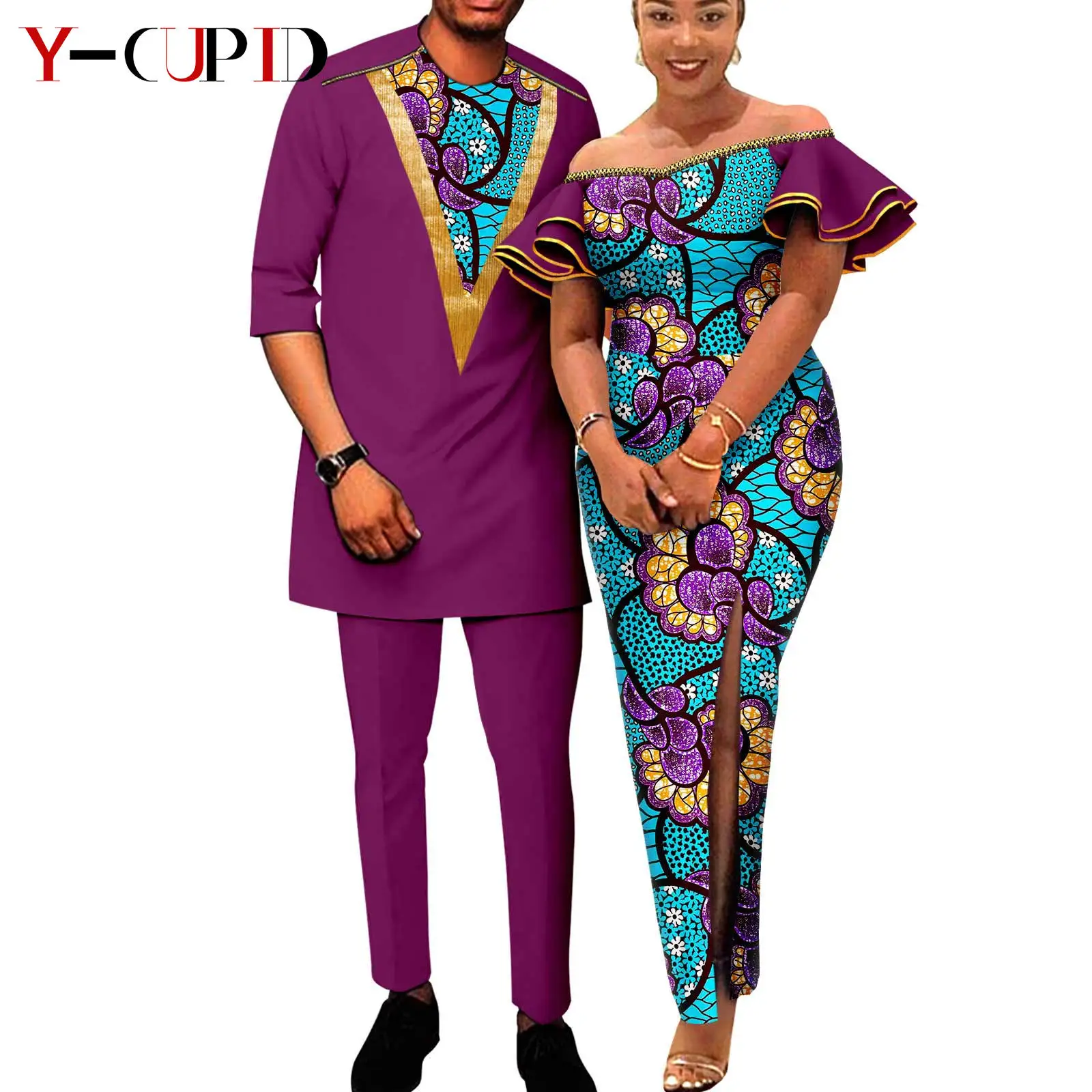 African Print Dresses for Women Ruffles Sleeve Fit Dresses Matching Couple Outfits Dashiki Men Zipper Shirt Pants Sets Y23C003