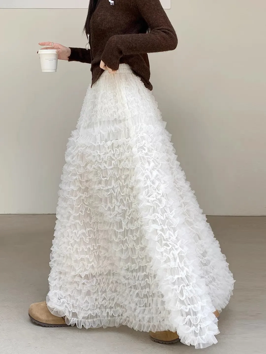 

Юбка А-силуэта Ele с деревянным узором, высокой талией, утягивающая, скрывающая бедра, из сетчатого материала, для женщин, весна-осень, длинная, S...