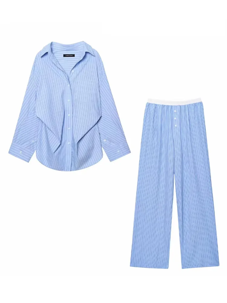 HH Women's Striped Pants Suit Bat Sleeve Loose Poplin Shirt+Elastic Waist Side Pocket Boxer Panties Pajama Style Casual Pant - view 2