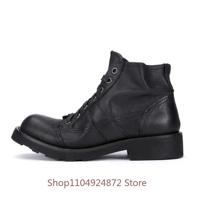 Vintage Black Genuine Leather Handmade Men's Ankle Boots Lace Up Workwear Thick Soled Desert Round Toe Outdoor Chelsea Boots