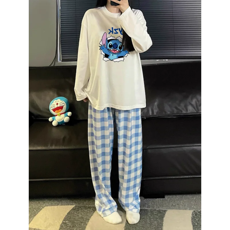 Stitch pure cotton pajamas round neck long sleeves trousers cartoon loose women\'s pajamas Disney silk pajamas women\'s loungewear