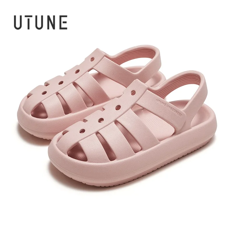 

UTUNE Pink Breathable Couple Summer Roman Sandals Thick Padded Anti slip Outdoor Beach Stylish and Comfortable Roman Sandals