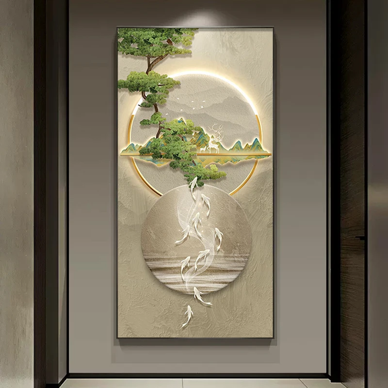 Nine Fish Stone Backed Crystal Porcelain Painting Corridor Porcelain Decorative Painting Vertical Edition New Chinese Corridor L