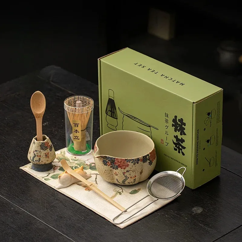 Juego de Matcha Japonés Rojo Flint, Set para Preparar Matcha, Batidor, Cuchara, Tazón de Cerámica, Juego de Té Tradicional, Tazón para Matcha, Herramientas para Té, Regalos