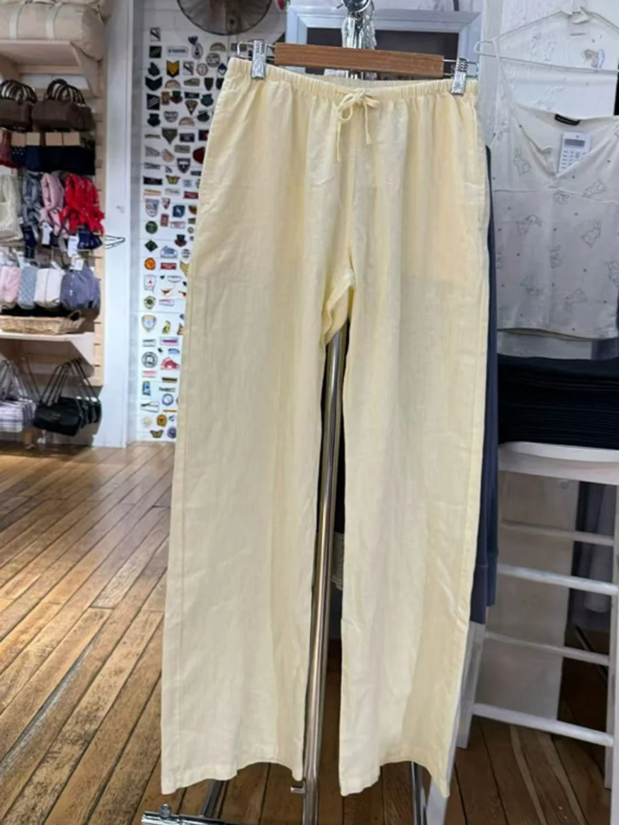 Novo amarelo cordão calças casuais mulheres verão cintura elástica fina streetwear moda estilo preppy doce perna larga calças y2k