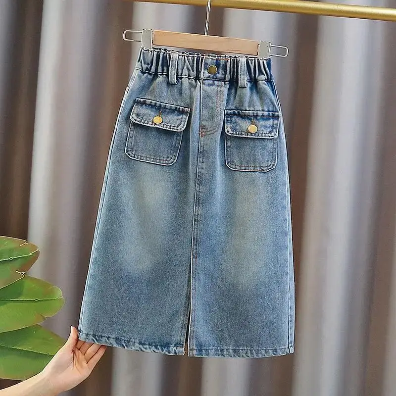 Teenage girl denim skirt summer new fashionable half skirt casual Korean version children\'s versatile long skirt