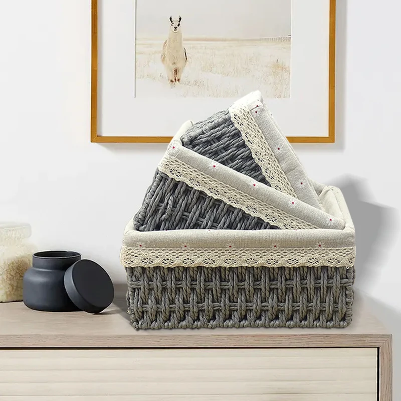 S M L Woven Storage Basket Handmade Rattan Storage Box with Removable Floral Liner Home Decoration Sundries Organizer