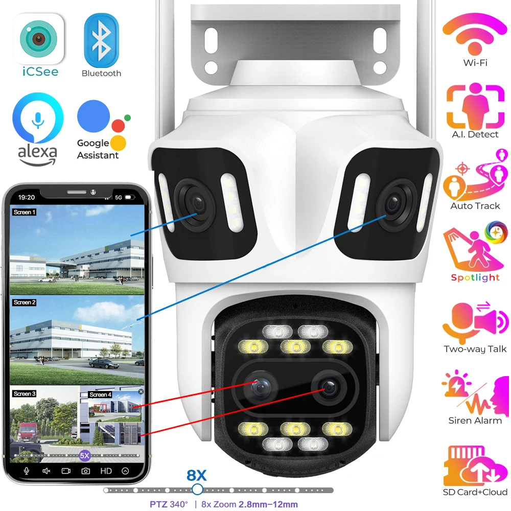 Four lens 8X Hybrid Zoom Wifi Surveillance Camera Outdoor Four Screen Auto Tracking IP Camera Human Detect PTZ Security Cameras