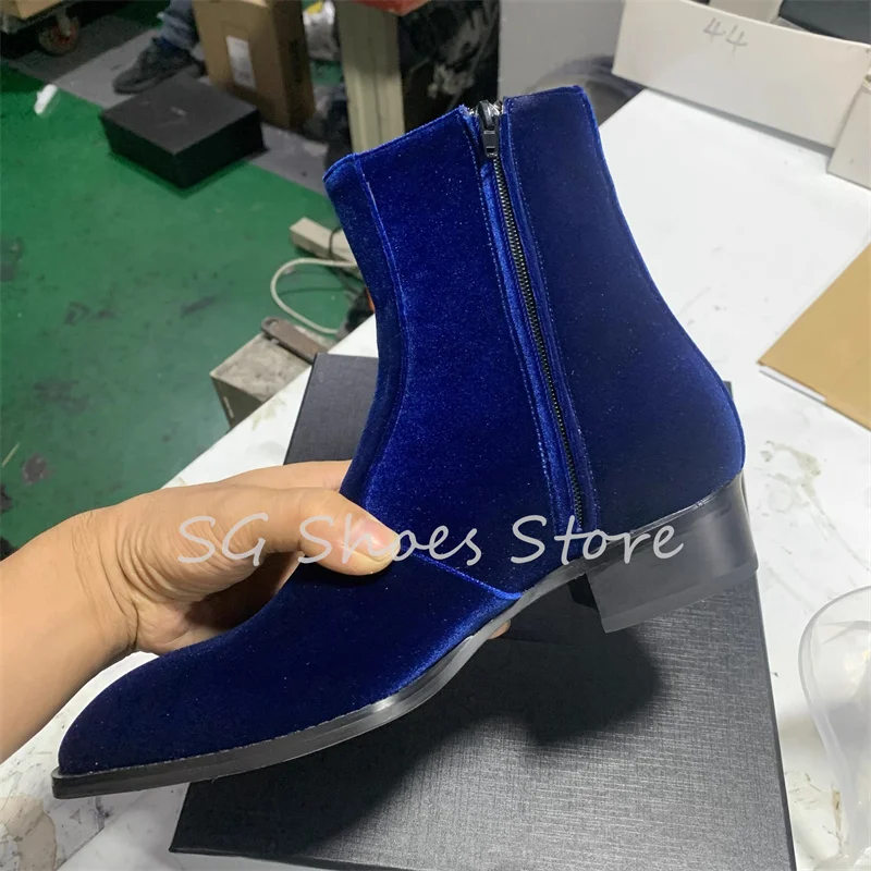 Luxury Blue Velvet Chelsea Boots for Men Pointed Toe Square Heels Zipper Side Ankle Boots Male High Heels Business Dress Shoes