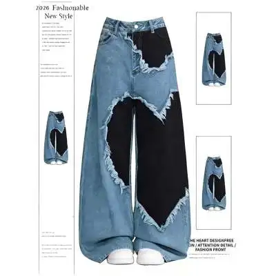 American Retro Y2K Style Washed Patchwork Baggy Women's Ripped Jeans Pants For Woman Clothing love splicing contrasting jeans