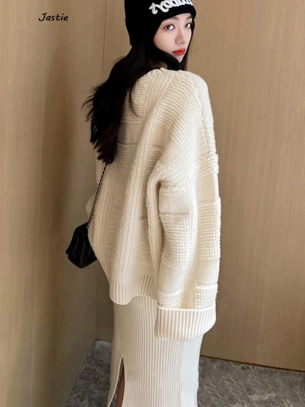 Casual Solid Plaid Sweater Two-piece Set For Women Autumn Winter Flare Sleeve Pullover + High Waist Knit Rib Skirts Sets 2Pcs