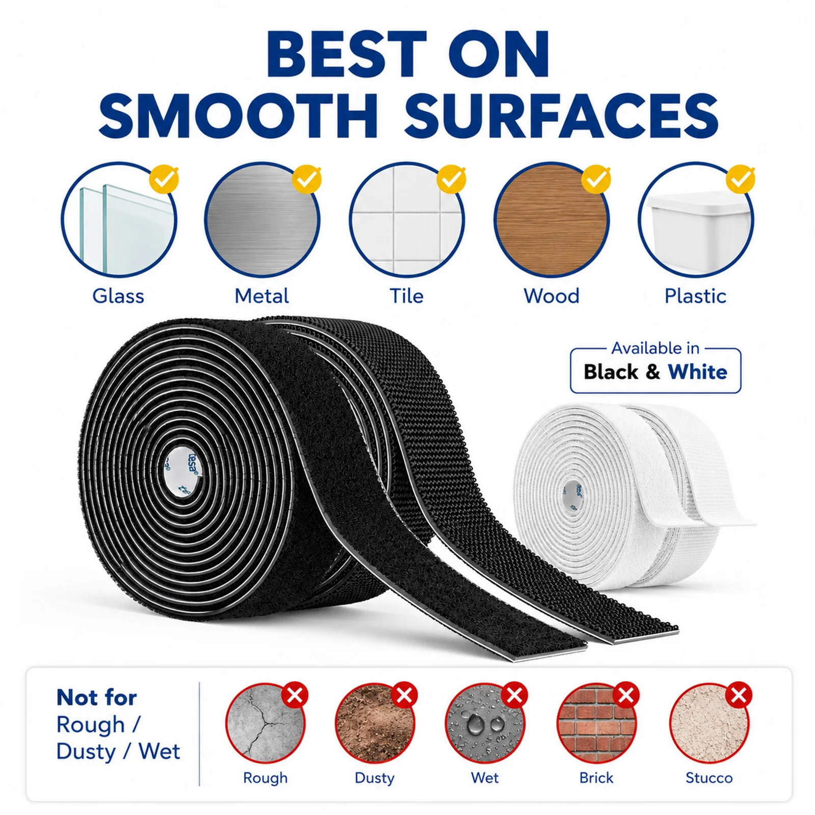 Emitever Self Adhesive Hook & Loop Tape Heavy Duty Magic Fastener Tape 2.5-10M for Indoor Outdoor Carpet Cushion Fabric Fly Sc