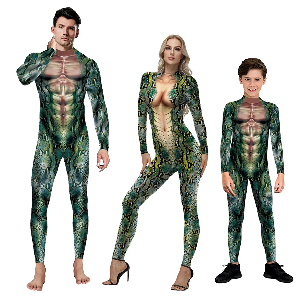 

Zawaland Family Matching Outfits Party Zentai Bodysuits Men Women Halloween Cosplay Costume Swimsuit Snake Print Carnival Party