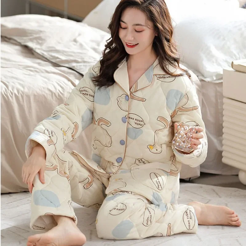 

2024 New 100% Pure Cotton Thickened Cotton Clip Loose Loungewear Simple Autumn Winter Women's Pajamas Dormitory Homewear Set