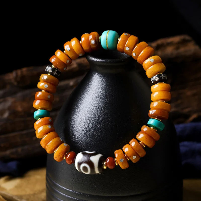 Tibetan- cow bone inlaid with silver ingot and beads, three-eyed dzi bead ethnic style bracelet