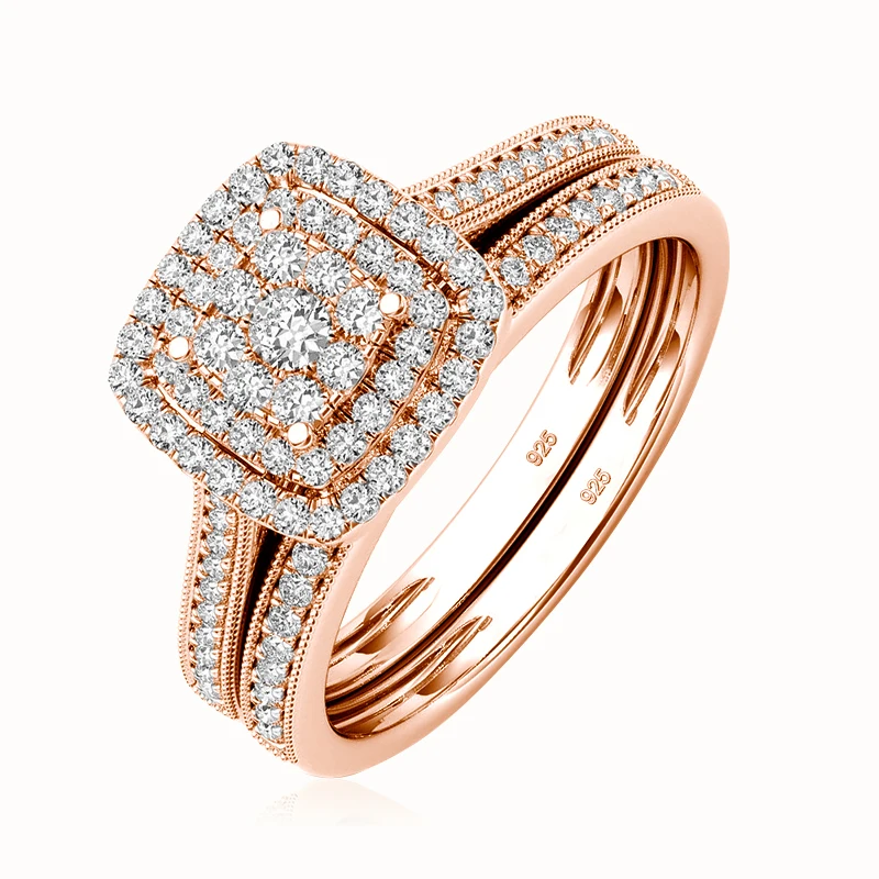 2-teiliges Roségold-Moissanit-Ringset für Damen, Brautschmuck, 925er Silber Halo-Verlobungs- und Eheringe mit Geschenkbox – Detail 2